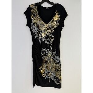 Vintage Cache SZ L Women's Black  Gold Foil Dress Side Rushing Stretch
